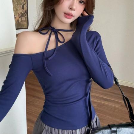 FA46286# 早秋新款纯欲性感露肩绑带长袖修身女一体式带胸垫褶皱显瘦 服裝批發女裝批發服飾貨源