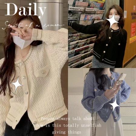 FA46288# 韩国慵懒风针织衫秋冬新款女气质百搭设计感小众短款毛衣开衫外套 服裝批發女裝批發服飾貨源