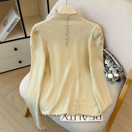 FA46289# 秋冬新款时尚洋气钉珠半高领长袖针织衫女修身显瘦打底毛衣上衣潮 服裝批發女裝批發服飾貨源