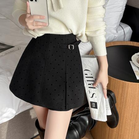 FA46291# 毛呢短裤女秋冬A字裙裤拼接半身裙波点植绒呢子高腰短裤裙靴裤 服裝批發女裝批發服飾貨源