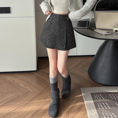 FA46291# 毛呢短裤女秋冬A字裙裤拼接半身裙波点植绒呢子高腰短裤裙靴裤 服裝批發女裝批發服飾貨源