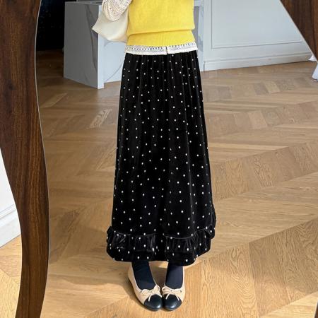 FA46293# 秋冬丝绒半身裙女加厚加绒高腰中长裙a字松紧腰遮胯长裙 服裝批發女裝批發服飾貨源