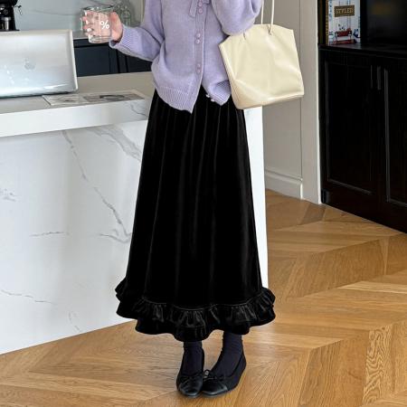 FA46293# 秋冬丝绒半身裙女加厚加绒高腰中长裙a字松紧腰遮胯长裙 服裝批發女裝批發服飾貨源