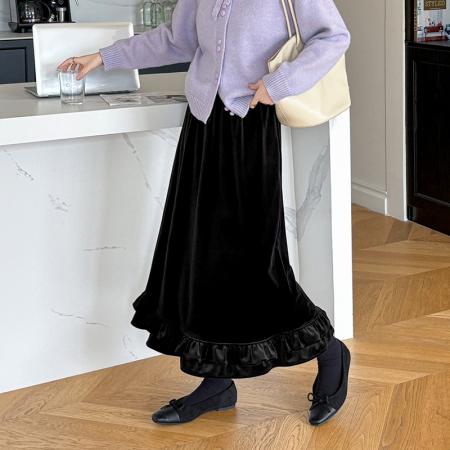 FA46293# 秋冬丝绒半身裙女加厚加绒高腰中长裙a字松紧腰遮胯长裙 服裝批發女裝批發服飾貨源