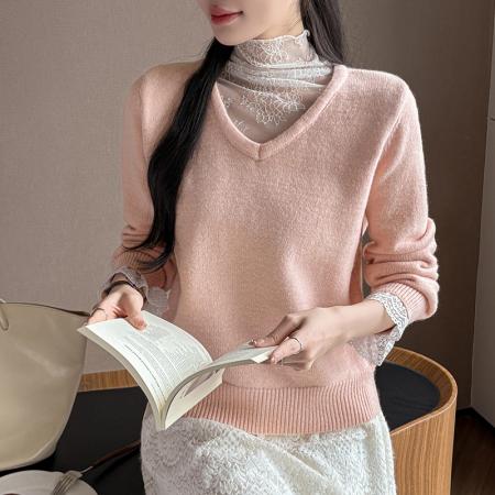 FA46294# 有货秋冬假两件毛衣女蕾丝高领加厚针织衫女设计感蕾丝长袖上衣 服裝批發女裝批發服飾貨源