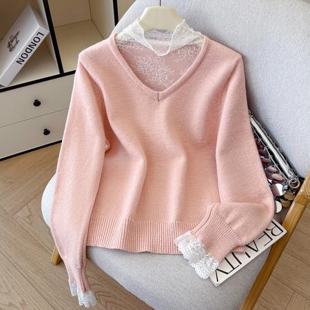 FA46294# 有货秋冬假两件毛衣女蕾丝高领加厚针织衫女设计感蕾丝长袖上衣 服裝批發女裝批發服飾貨源