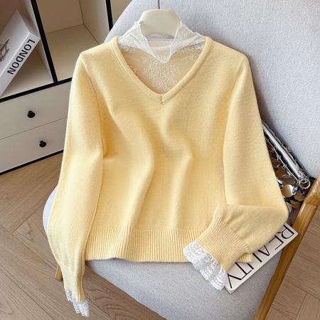 FA46294# 有货秋冬假两件毛衣女蕾丝高领加厚针织衫女设计感蕾丝长袖上衣 服裝批發女裝批發服飾貨源