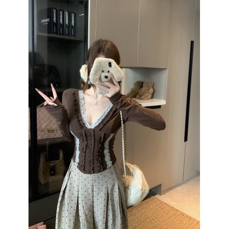 FA46297# 欲辣撩精蕾丝木耳边V领T恤女秋冬修身内搭打底衫上衣 服裝批發女裝批發服飾貨源