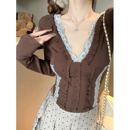 FA46297# 欲辣撩精蕾丝木耳边V领T恤女秋冬修身内搭打底衫上衣 服裝批發女裝批發服飾貨源