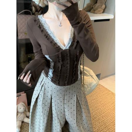 FA46297# 欲辣撩精蕾丝木耳边V领T恤女秋冬修身内搭打底衫上衣 服裝批發女裝批發服飾貨源