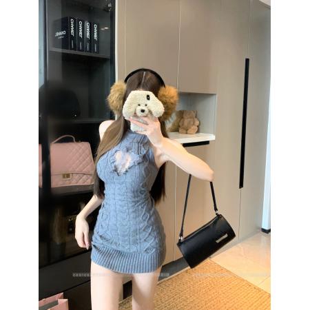 FA46301# 高领针织背心裙女辣妹收腰显瘦蕾丝镂空秋季毛衣裙 服裝批發女裝批發服飾貨源