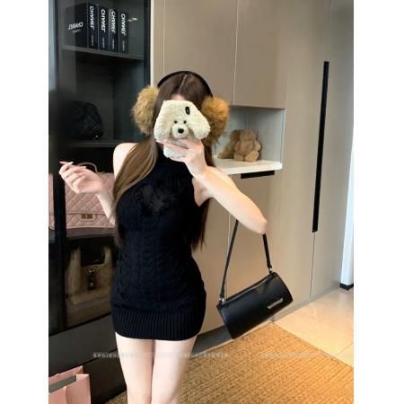 FA46301# 高领针织背心裙女辣妹收腰显瘦蕾丝镂空秋季毛衣裙 服裝批發女裝批發服飾貨源