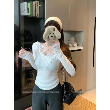 FA46302# 纯色长袖花朵针织打底衫女秋季内搭叠穿法式修身显瘦上衣 服裝批發女裝批發服飾貨源