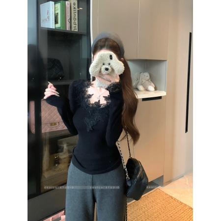 FA46302# 纯色长袖花朵针织打底衫女秋季内搭叠穿法式修身显瘦上衣 服裝批發女裝批發服飾貨源