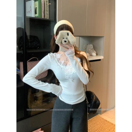 FA46302# 纯色长袖花朵针织打底衫女秋季内搭叠穿法式修身显瘦上衣 服裝批發女裝批發服飾貨源