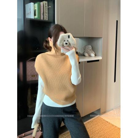 FA46303# 高领针织衫马甲背心女秋冬新款宽松套头外穿毛衣马夹 服裝批發女裝批發服飾貨源