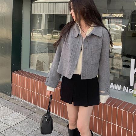 FA46305# chic韩版冬季法式翻领小众口袋单排扣简约百搭毛呢子夹克外套 服裝批發女裝批發服飾貨源