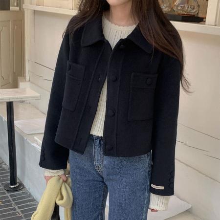 FA46305# chic韩版冬季法式翻领小众口袋单排扣简约百搭毛呢子夹克外套 服裝批發女裝批發服飾貨源