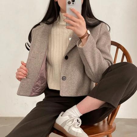 FA46306# chic韩国冬季复古简约高级西装领单排扣加厚短款毛呢子西装外套 服裝批發女裝批發服飾貨源