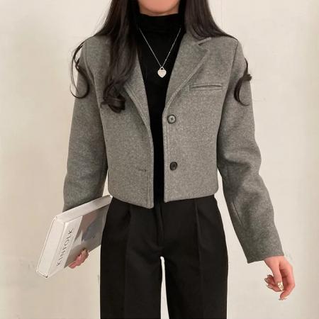 FA46306# chic韩国冬季复古简约高级西装领单排扣加厚短款毛呢子西装外套 服裝批發女裝批發服飾貨源