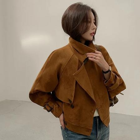 FA46309# ins韩国秋冬小众复古翻领高级感气质麂皮绒短款双排扣风衣外套 服裝批發女裝批發服飾貨源