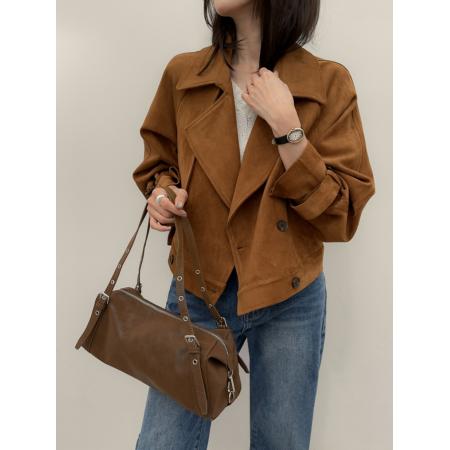 FA46309# ins韩国秋冬小众复古翻领高级感气质麂皮绒短款双排扣风衣外套 服裝批發女裝批發服飾貨源