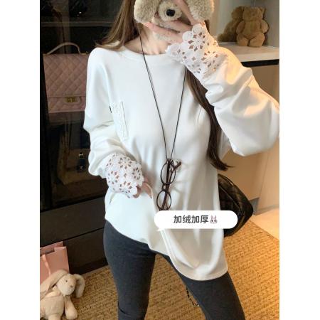 FA46313# 镂空花边蕾丝拼接感长袖T恤甜美百搭休闲单穿内搭打底衫 服裝批發女裝批發服飾貨源