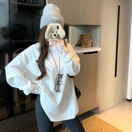 FA46313# 镂空花边蕾丝拼接感长袖T恤甜美百搭休闲单穿内搭打底衫 服裝批發女裝批發服飾貨源