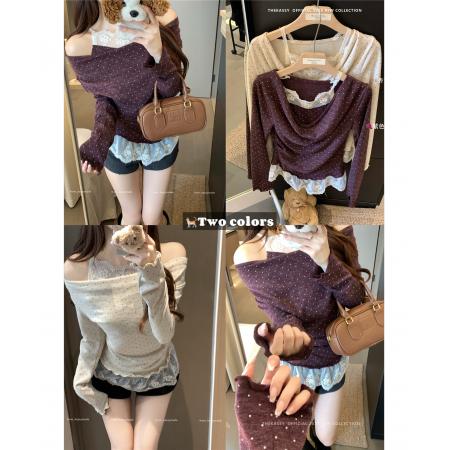 FA46315# 韩国东大门女装新款薄款木耳边撞色假两件波点针织衫女 服裝批發女裝批發服飾貨源