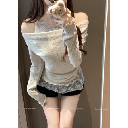 FA46315# 韩国东大门女装新款薄款木耳边撞色假两件波点针织衫女 服裝批發女裝批發服飾貨源