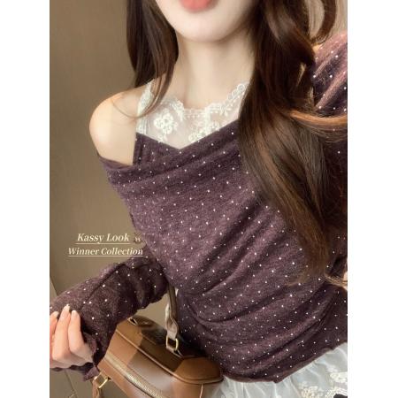 FA46315# 韩国东大门女装新款薄款木耳边撞色假两件波点针织衫女 服裝批發女裝批發服飾貨源