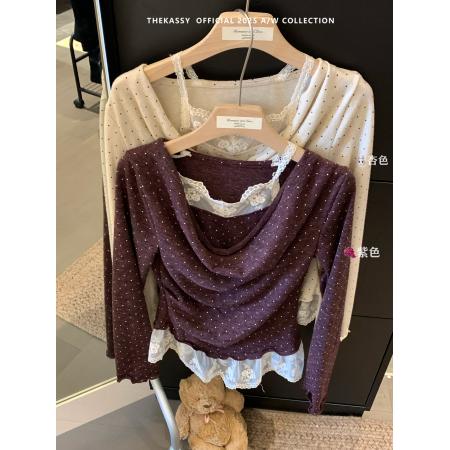 FA46315# 韩国东大门女装新款薄款木耳边撞色假两件波点针织衫女 服裝批發女裝批發服飾貨源