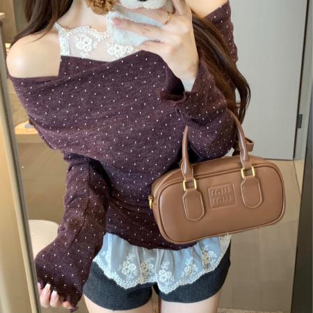 FA46315# 韩国东大门女装新款薄款木耳边撞色假两件波点针织衫女 服裝批發女裝批發服飾貨源