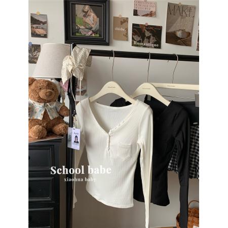 FA46317# V领磨毛长袖T恤秋冬内搭带胸垫修身显瘦百搭打底衫上衣潮 服裝批發女裝批發服飾貨源