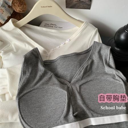 FA46317# V领磨毛长袖T恤秋冬内搭带胸垫修身显瘦百搭打底衫上衣潮 服裝批發女裝批發服飾貨源