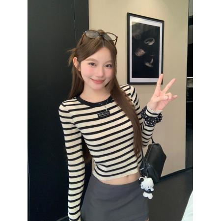 FA46318# m系模范生桑蚕丝羊毛撞色条纹短款长袖/U领背心 服裝批發女裝批發服飾貨源