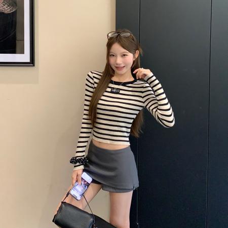 FA46318# m系模范生桑蚕丝羊毛撞色条纹短款长袖/U领背心 服裝批發女裝批發服飾貨源