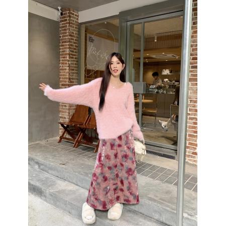 FA46320# 温柔风仿水貂毛软糯毛衣半身裙宽松露肩长袖套头上衣 服裝批發女裝批發服飾貨源