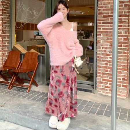 FA46320# 温柔风仿水貂毛软糯毛衣半身裙宽松露肩长袖套头上衣 服裝批發女裝批發服飾貨源