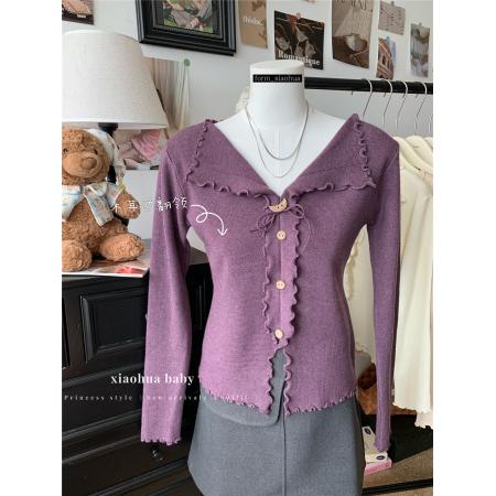 FA46323# 辣妹风纯色气质毛边长袖针织开衫女秋季显瘦百搭chic上衣 服裝批發女裝批發服飾貨源