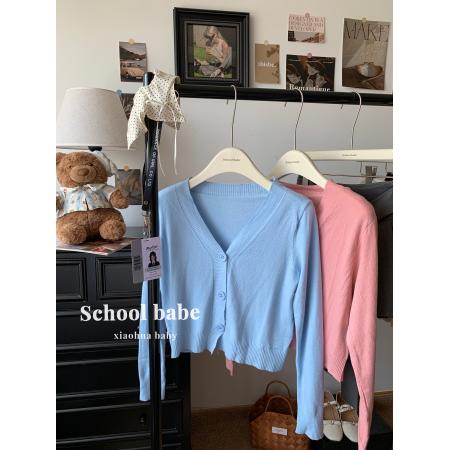 FA46324# 韩版甜美V领长袖针织衫女百搭宽松开衫上衣毛衣 服裝批發女裝批發服飾貨源