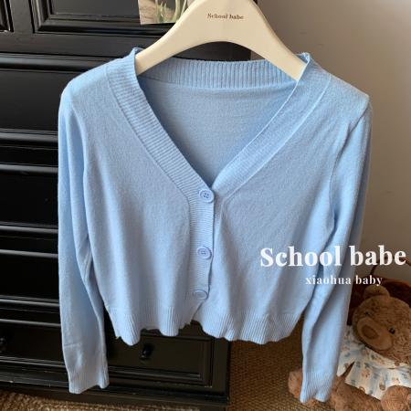 FA46324# 韩版甜美V领长袖针织衫女百搭宽松开衫上衣毛衣 服裝批發女裝批發服飾貨源