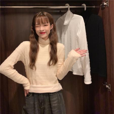 FA46325# 百搭秋冬加绒蕾丝打底内搭长袖镂空温柔洋气上衣 服裝批發女裝批發服飾貨源