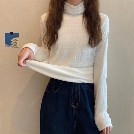 FA46325# 百搭秋冬加绒蕾丝打底内搭长袖镂空温柔洋气上衣 服裝批發女裝批發服飾貨源