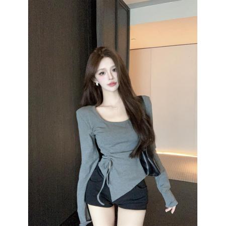 FA46329# 不规则U领加绒磨毛T恤女冬季设计感抽绳修身打底上衣 服裝批發女裝批發服飾貨源