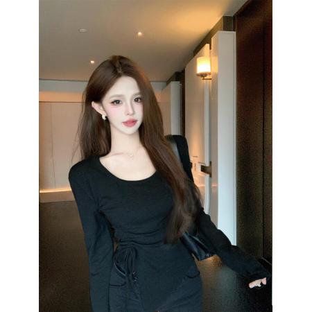 FA46329# 不规则U领加绒磨毛T恤女冬季设计感抽绳修身打底上衣 服裝批發女裝批發服飾貨源