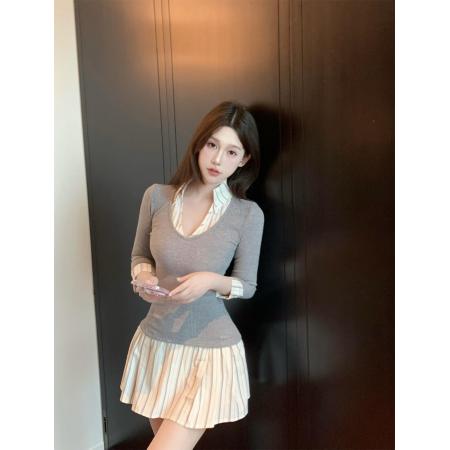 FA46331# 设计感条纹拼接衬衫裙女秋季撞色时尚修身七分袖连衣裙 服裝批發女裝批發服飾貨源