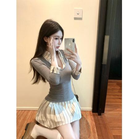 FA46331# 设计感条纹拼接衬衫裙女秋季撞色时尚修身七分袖连衣裙 服裝批發女裝批發服飾貨源