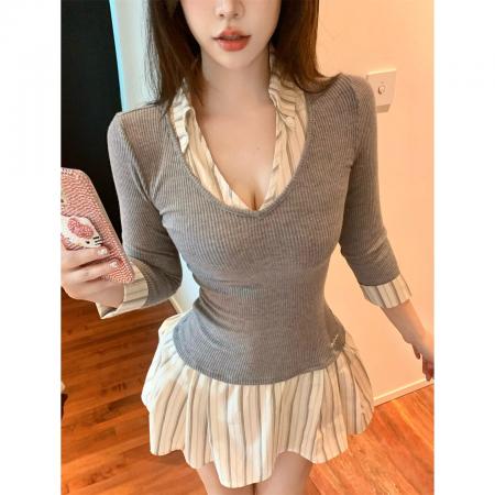 FA46331# 设计感条纹拼接衬衫裙女秋季撞色时尚修身七分袖连衣裙 服裝批發女裝批發服飾貨源