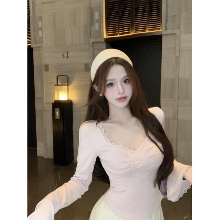 FA46332# 纯欲蕾丝拼接磨毛打底衫女秋冬季辣妹喇叭袖修身T恤上衣 服裝批發女裝批發服飾貨源
